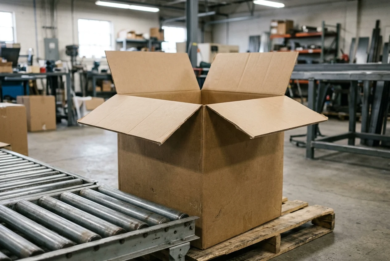 Open corrugated shipping case at a roller conveyor; illustrative scene